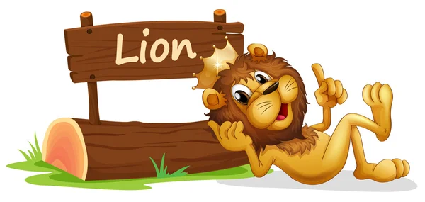 A lion with a crown relaxing beside a signboard — Stock Vector