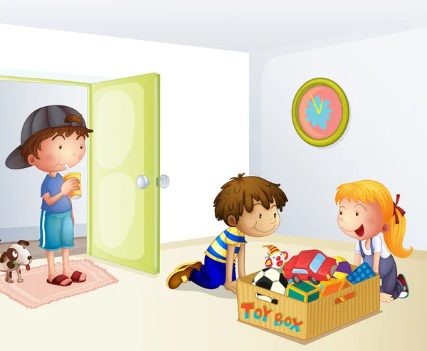 Drei Kinder im Haus mit einer Schachtel Spielzeug Vektorgrafiken