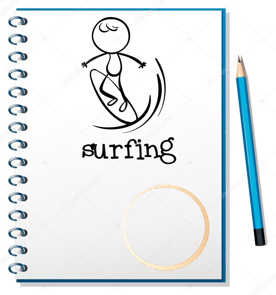 A notebook with a sketch of a man surfing
