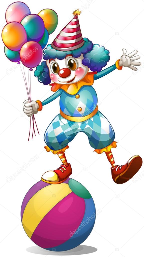 A clown holding balloons above the ball