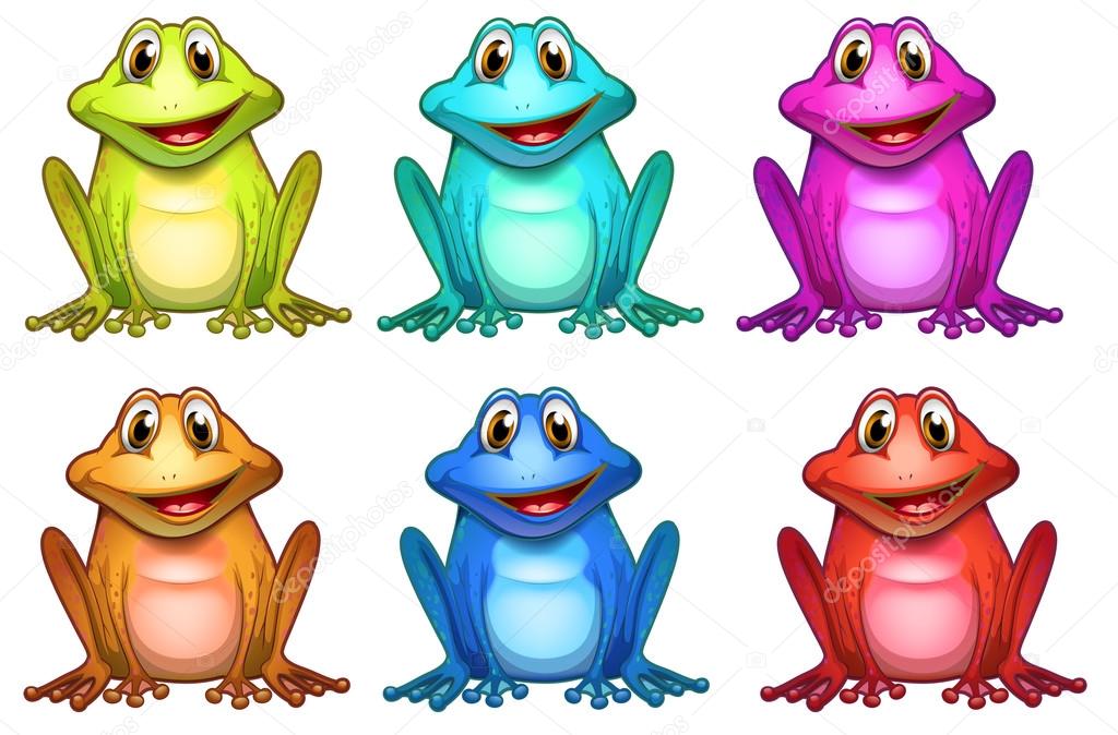 Six different colors of frogs