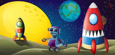 İki uzay gemileri ve outerspace mor bir robot