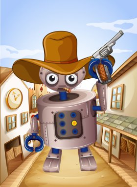 bir robot bir şapka giymiş ve elinde bir silah