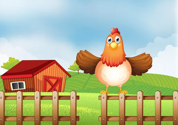Eine Henne über dem Zaun mit einem Holzhaus im Rücken — Stockvektor