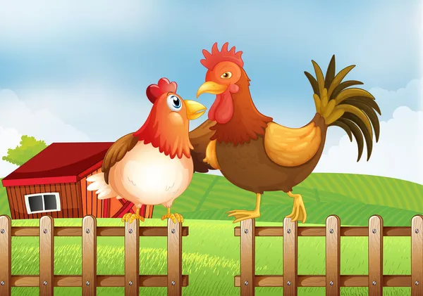 A hen and a rooster above the fence with a wooden house at the b — Stock Vector