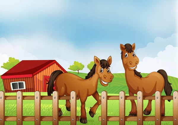 Cavalli all'interno della recinzione in legno con fienile — Vettoriale Stock