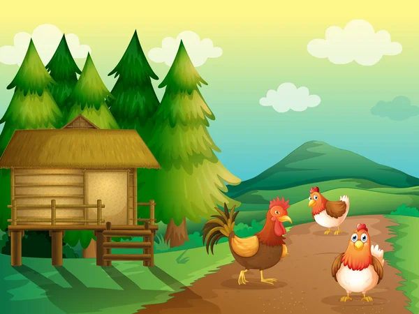 A farm with chickens and a native house — Stock Vector