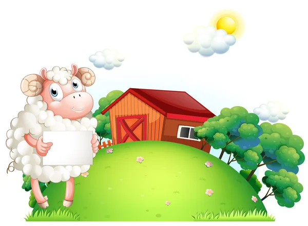 Un mouton tenant un papier vide devant une grange — Image vectorielle