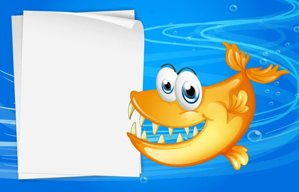 Un pez con dientes afilados junto a un papel vacío bajo el agua — Vector de stock