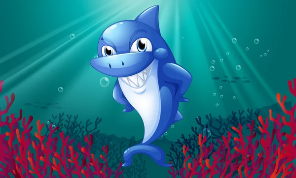 Ένας καρχαρίας μπλε χαμογελώντας κάτω από τη θάλασσα — Διανυσματικό Αρχείο