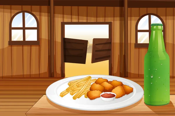 Uma mesa com um prato de comida e um refrigerante — Vetor de Stock