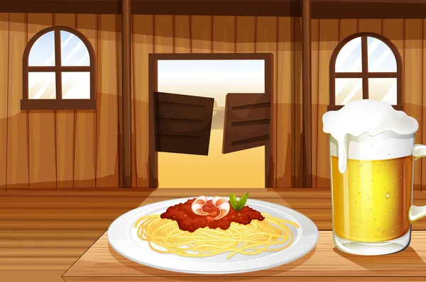 Спагетти и бокал пива в баре салона — стоковый вектор