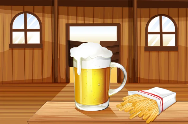 Una taza de cerveza fría y papas fritas en el bar del salón — Vector de stock