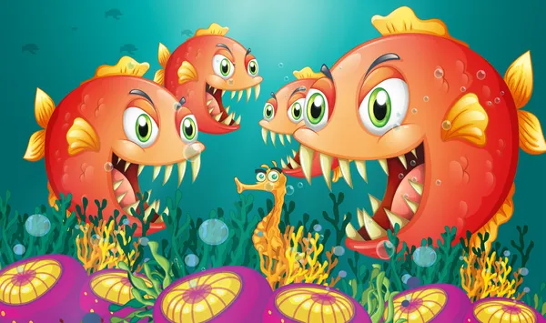 A seahorse surrounded by a group of hungry piranhas — Stock Vector