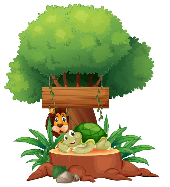 A turtle and a lion under the tree with a wooden signboard — Stock Vector