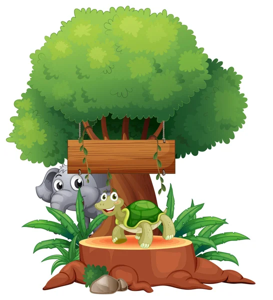 A turtle and an elephant under the big tree with a wooden signbo — Stock Vector