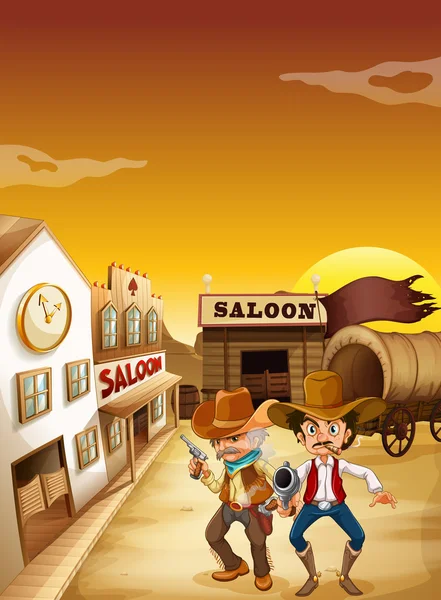 Two armed men standing outside the saloon — Stock Vector