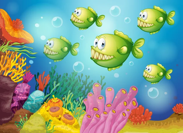 A group of green piranhas under the sea — Stock Vector