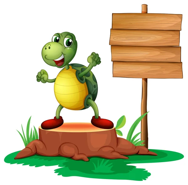 A trunk with a turtle near the wooden signboard — Stock Vector