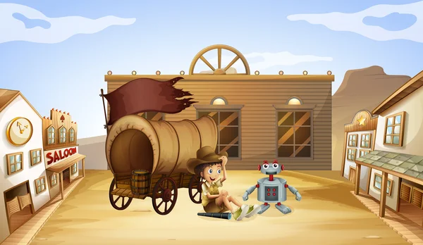 A boy and a robot near a wagon — Stockvector