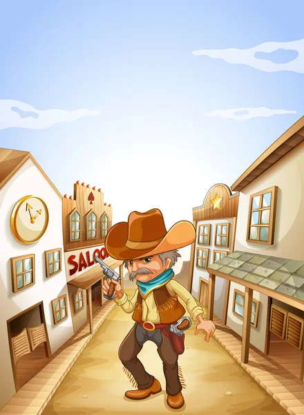 An old man holding a gun near the saloon — Stock Vector