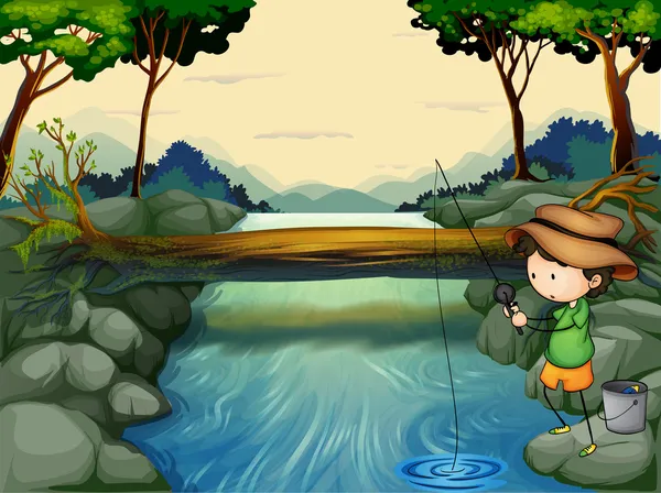 一个男孩在河边钓鱼 — 图库矢量图片