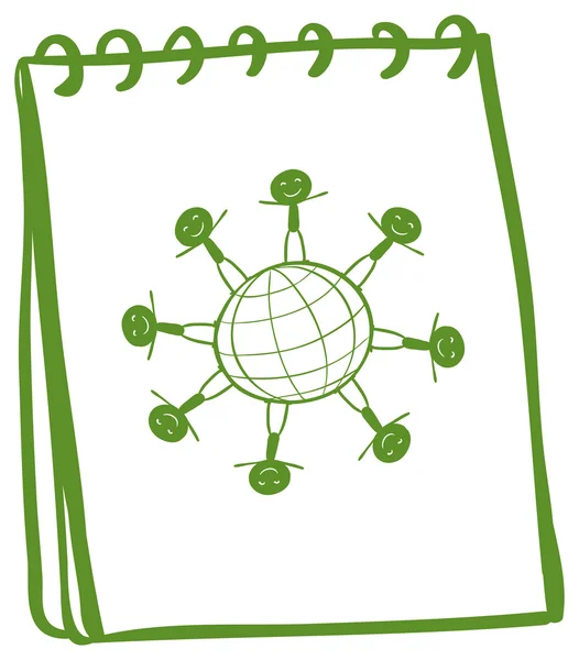 En grön anteckningsbok med en ritning av barnen stod runt glob — Stock vektor