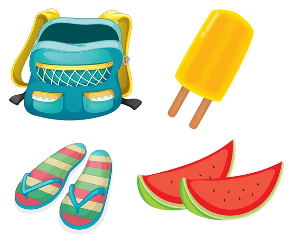 Una mochila, un par de zapatillas y alimentos para refrescarse — Vector de stock