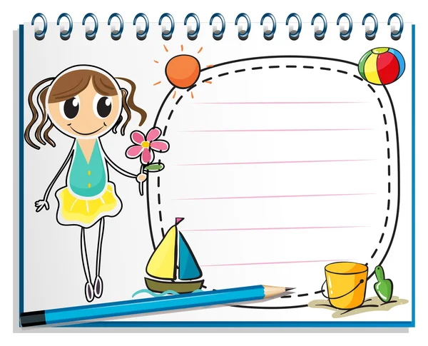 Un cuaderno con un dibujo de una joven sosteniendo una flor — Vector de stock