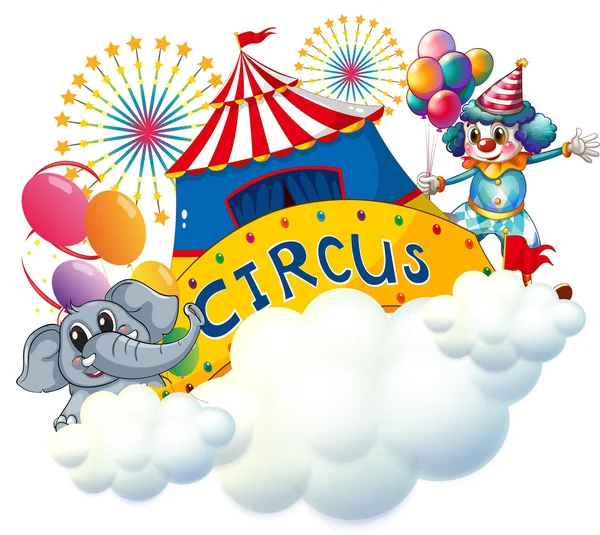 An elephant and a clown with a circus signage in the center — Stock Vector