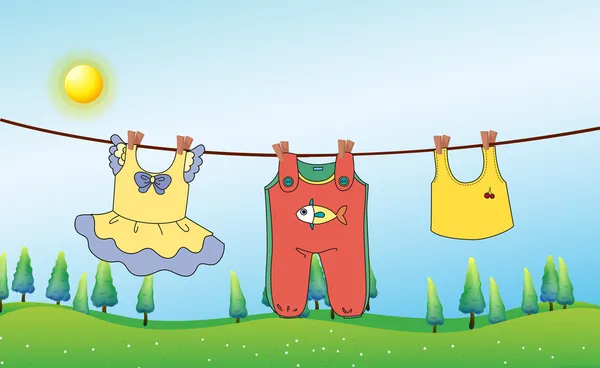 Vêtements pour enfants suspendus sous le soleil — Image vectorielle