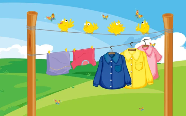 A nyáj madarak közelében a lógó ruhákat — Stock Vector