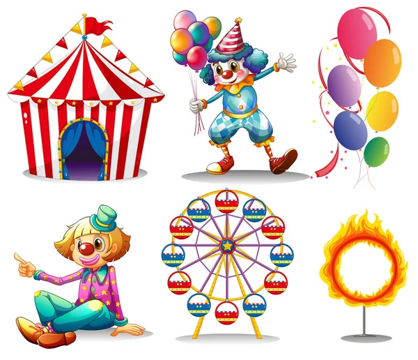 Une tente de cirque, des clowns, une grande roue, des ballons et un anneau de feu — Image vectorielle