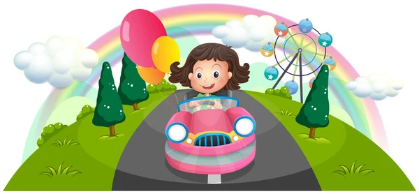 Una joven montando en un coche rosa con globos — Vector de stock