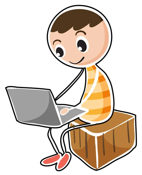 Un hombre sentado en un cubo con un portátil — Vector de stock