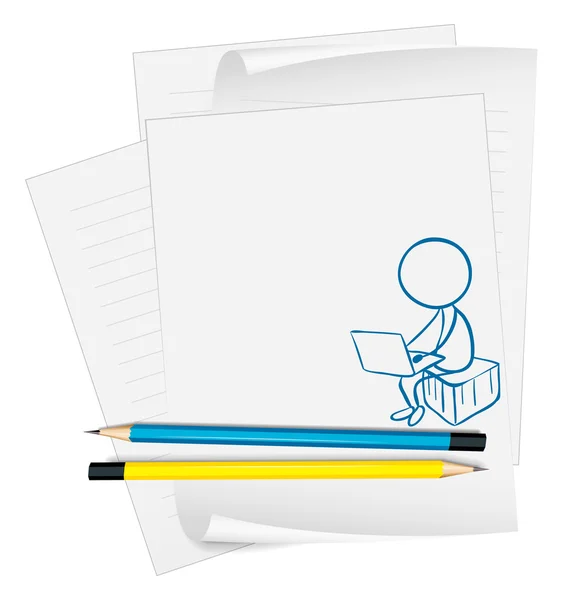 A paper with a drawing of a boy using a laptop — Stock Vector