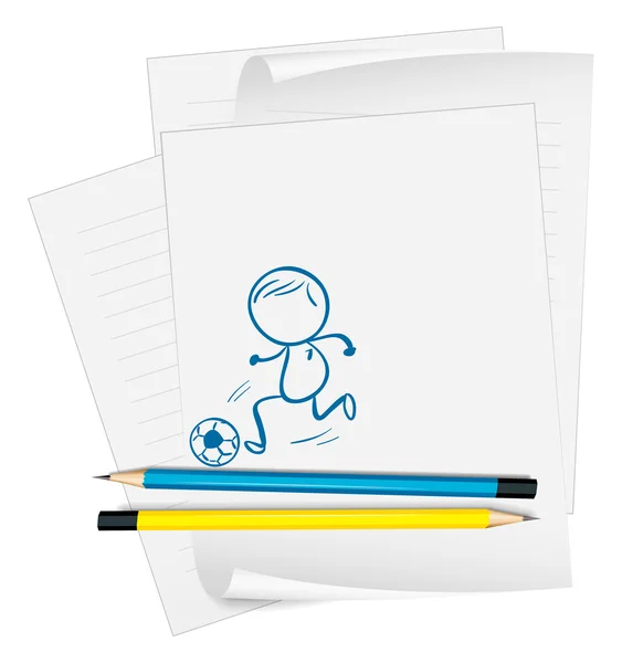 Papier mit einer Zeichnung eines Jungen, der Fußball spielt — Stockvektor