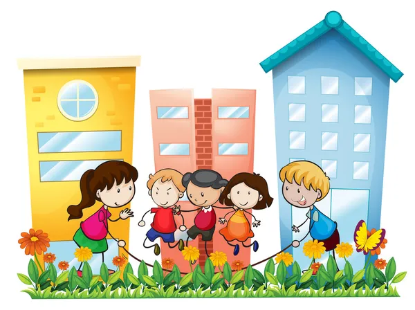 Kids playing outside the building — Stock Vector
