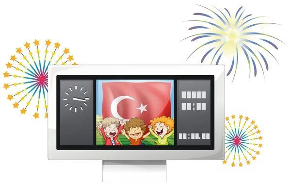 A scoreboard with the flag of Turkey and three boys — Stock Vector