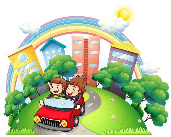 Una niña y un niño montando en el coche a lo largo de la carretera — Vector de stock
