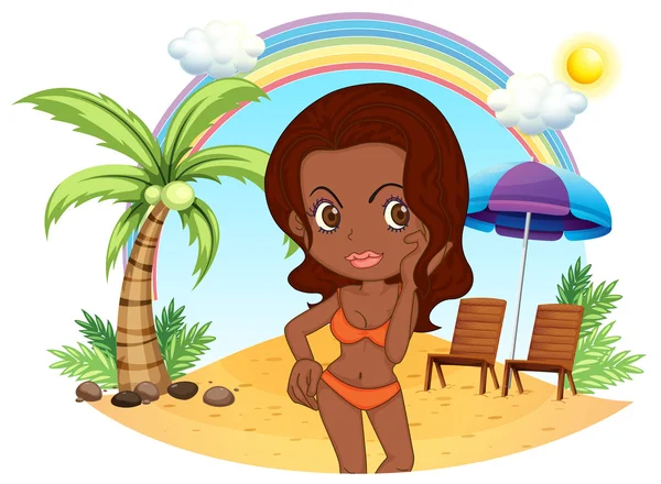 Una mujer bronceada en bikini naranja en la playa — Vector de stock