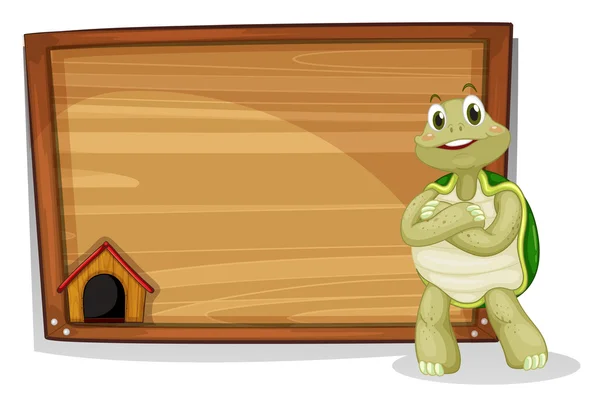 Uma tartaruga ao lado de uma placa de madeira —  Vetores de Stock