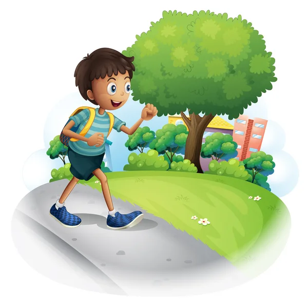 A boy with a bag walking along the street — Stock Vector