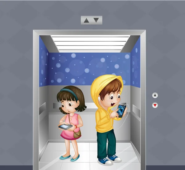 Barn med prylar på hissen — Stock vektor