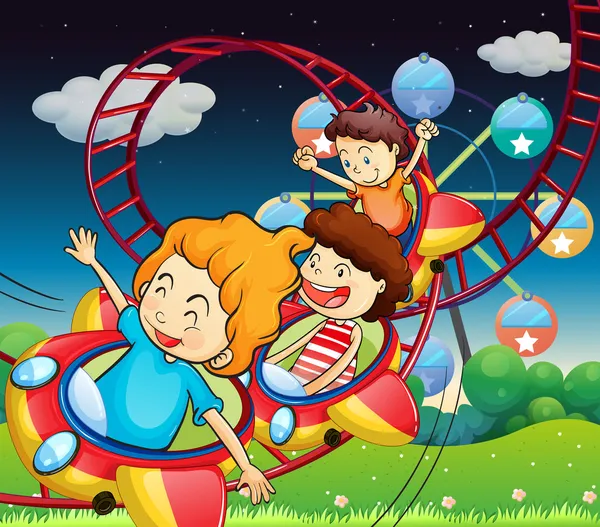 Three kids riding in a roller coaster — Stock Vector