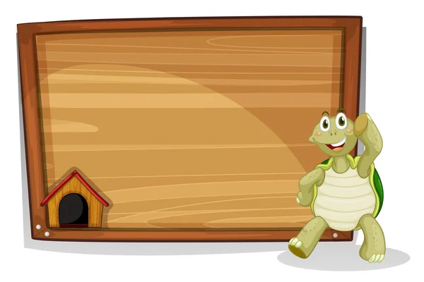 A turtle beside a wooden empty board — Stock Vector