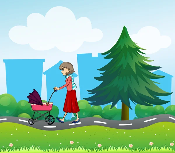 Девушка с детской коляской вдоль дороги — стоковый вектор