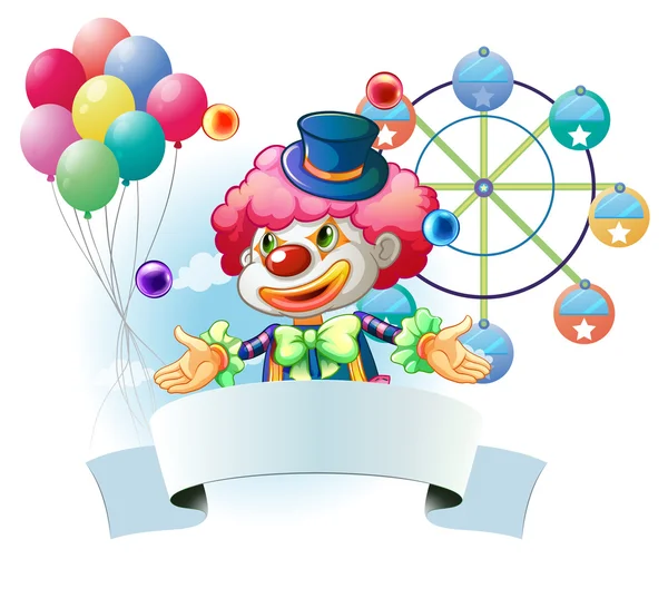 A clown with a signage and a ferris wheel and balloons at the ba — Stock Vector