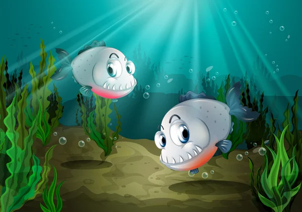 Deux poissons aux dents acérées sous la mer — Image vectorielle