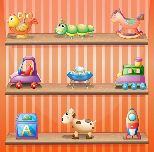 Trois étagères en bois avec jouets — Image vectorielle